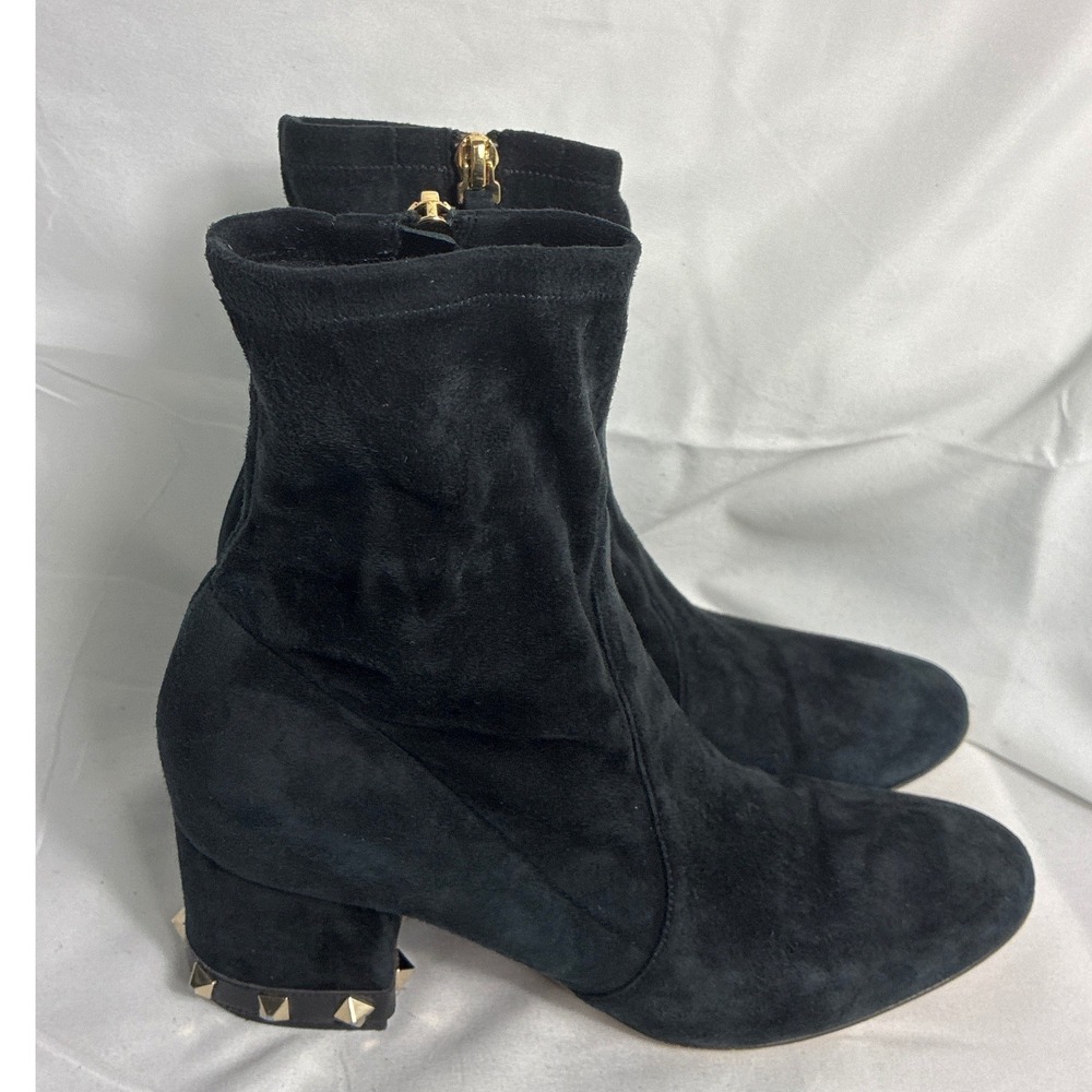 Valentino Garavani Black Suede Rockstud Block Heel Ankle Boots Size 37 TTS E85 2